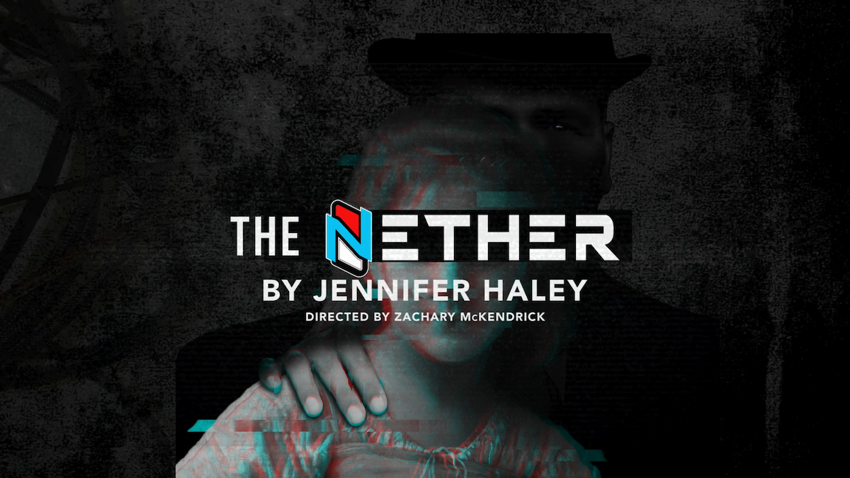 A shadowy figure has his hand on a young girl's shoulder as digital artifacts distort the scene.