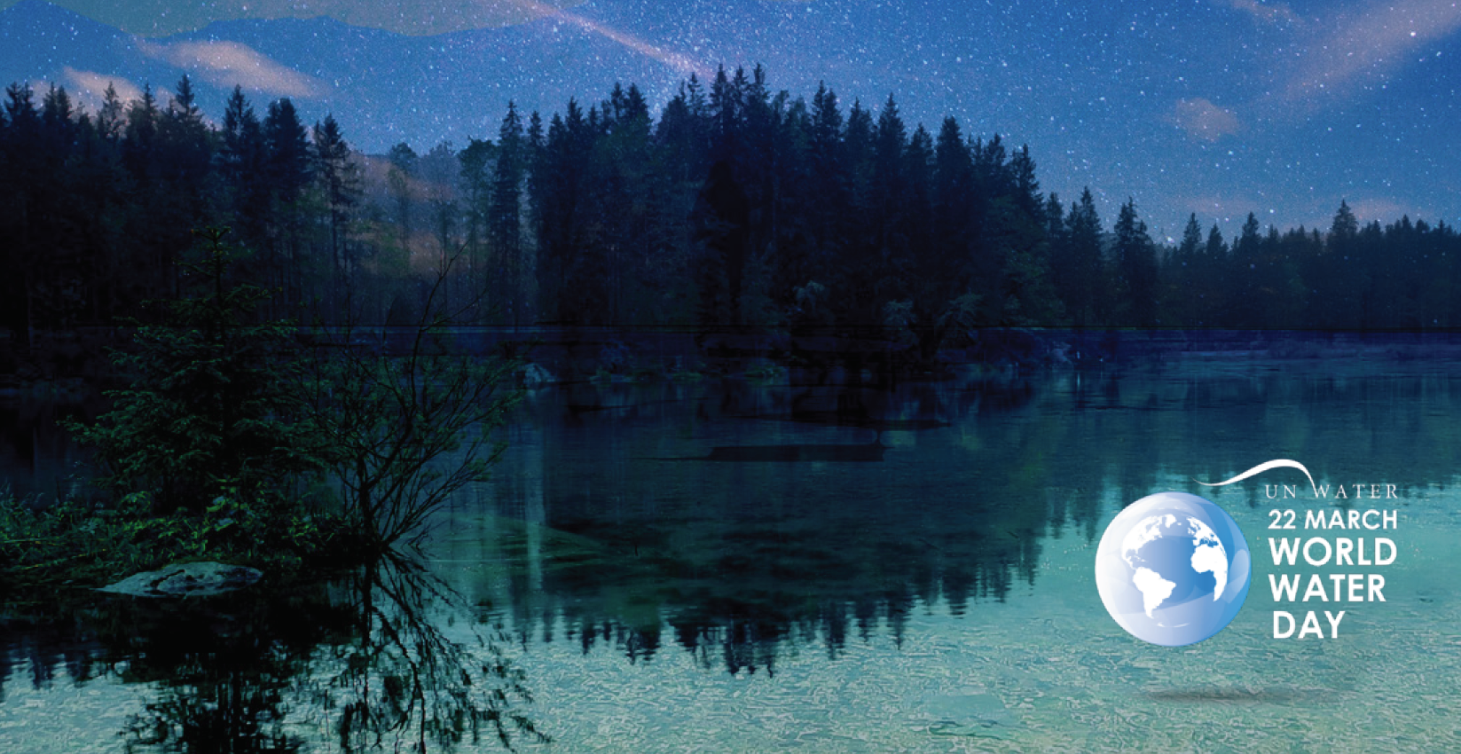 World Water Day image - a lake bordered by trees at night.