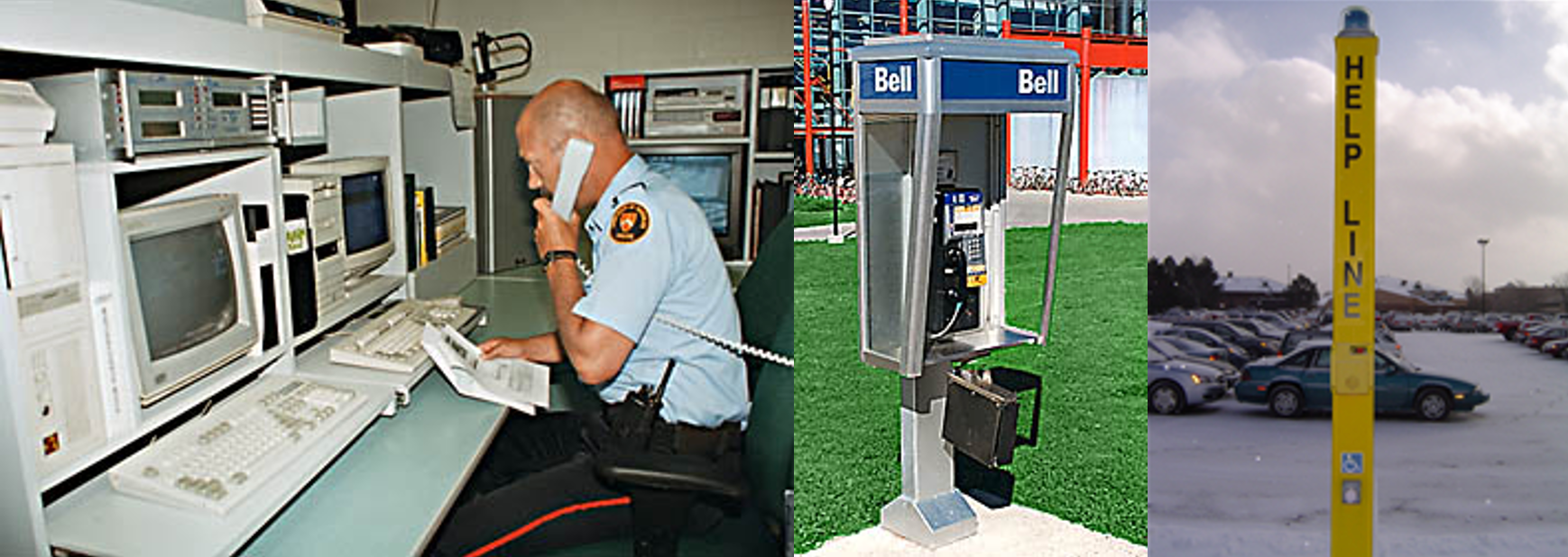 A collage of images - a special constable at a computer station, a pay phone, and the helpline pole in a parking lot.