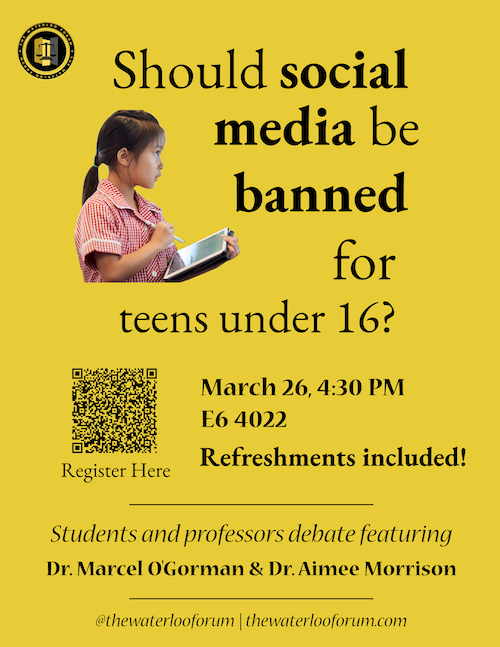 Social media debate banner featuring a young girl holding a tablet.