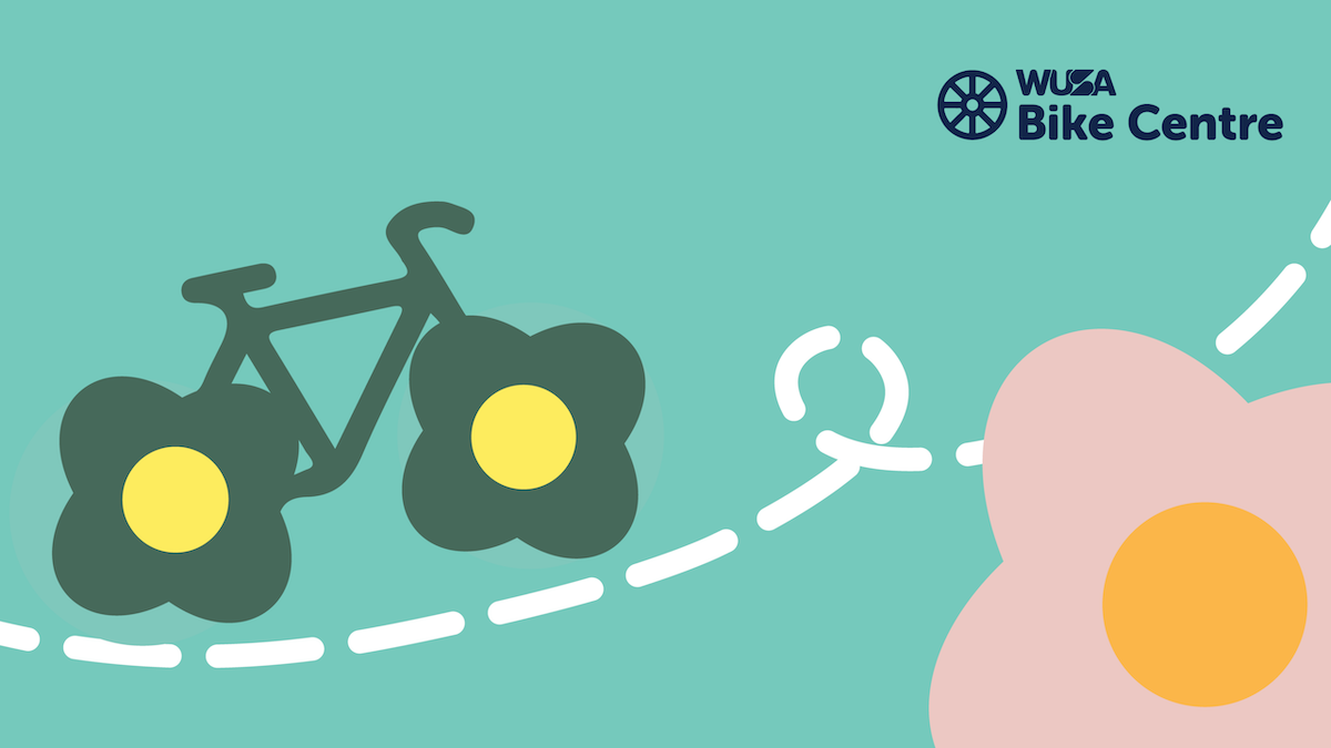 WUSA bike centre graphic featuring a bicycle with flowers for wheels.