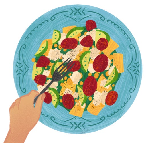 An illustration of a hand holding a fork over a plate of food.