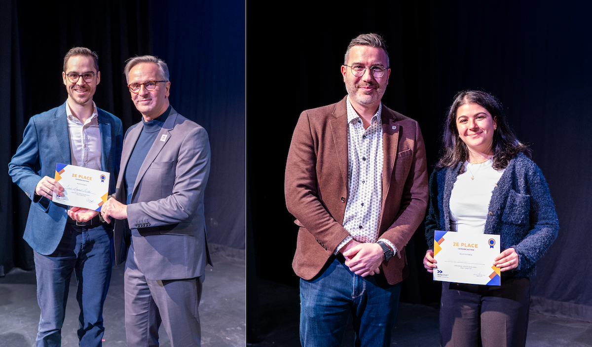 Jacob Legault-Leclair and Emily Mashaal receive their second-place certificates.