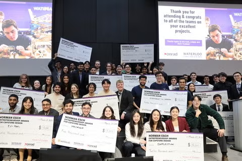 Esch pitch competition collage featuring winners with oversized cheques.
