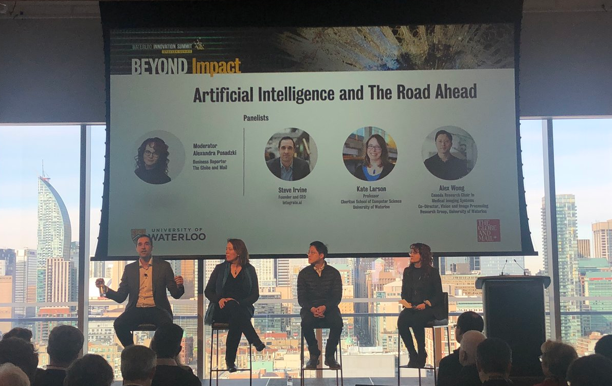 Steve Irvine, Kate Larson, and Alex Wong speak at the Waterloo Innovation Summit event in Toronto.