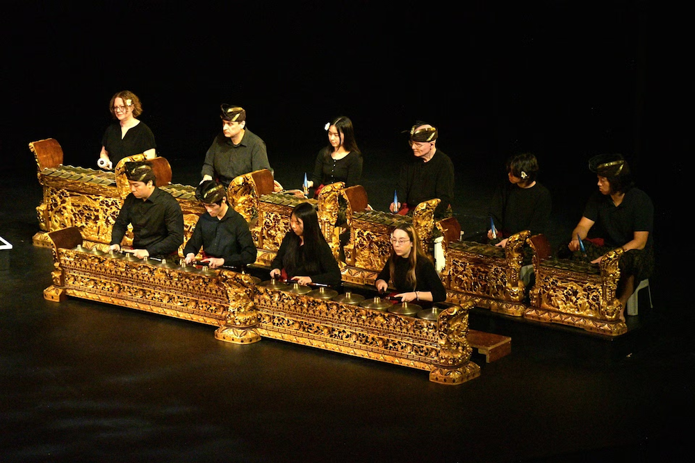 The Balinese percussion ensemble performing with traditional instruments.