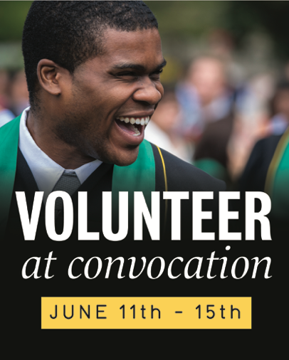 Volunteer at Convocation image showing a smiling graduate.