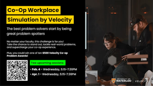 Co-op simulation graphic featuring two students collaborating.