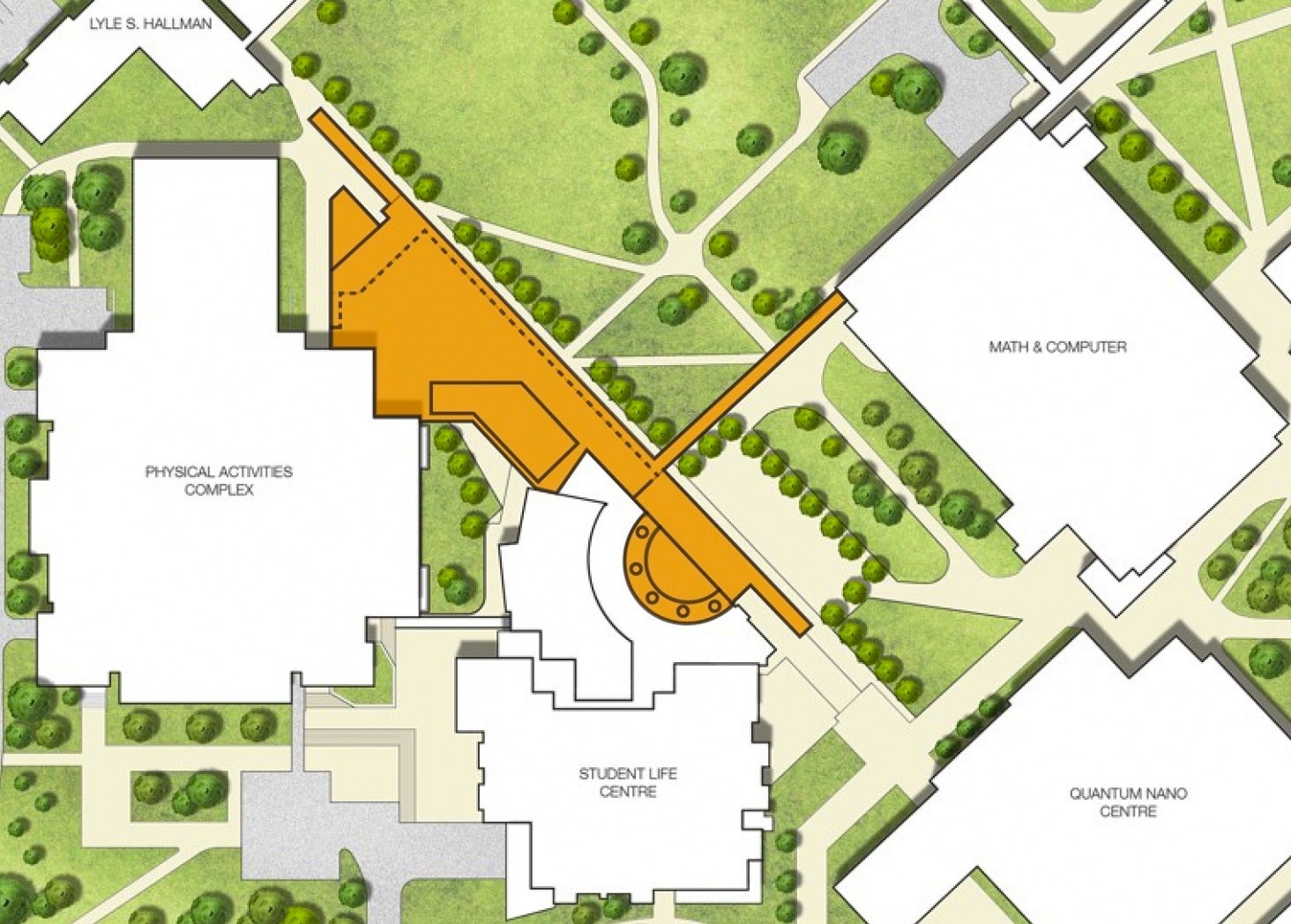 A render of the SLC/PAC expansion showing its position relative to existing University buildings.