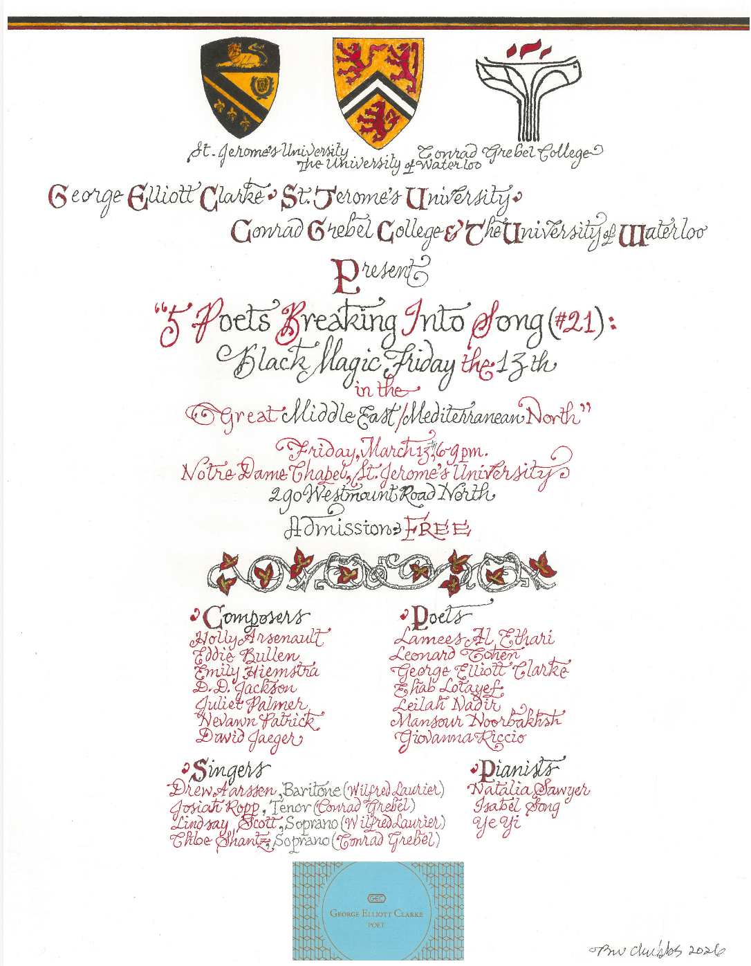 The poster for the 5 Poets Breaking Into Song event in a handwritten medieval style
