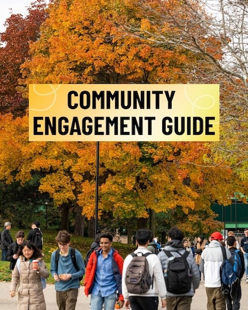 Community engagement guide cover featuring students walking beneath trees.