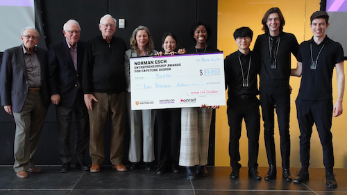 Esch Foundation trustees Ross McGovern, Jim Sharples and David Esch; Waterloo Engineering dean Dr. Mary Wells; Bexter team Heidi (Daeun) Han, Osose Itua, Ihn Hwan Kim, Stephen Del Grosso Milek and Dylan Policelli.