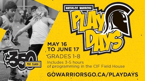 Warrior Play Days banners featuring young children playing sports.