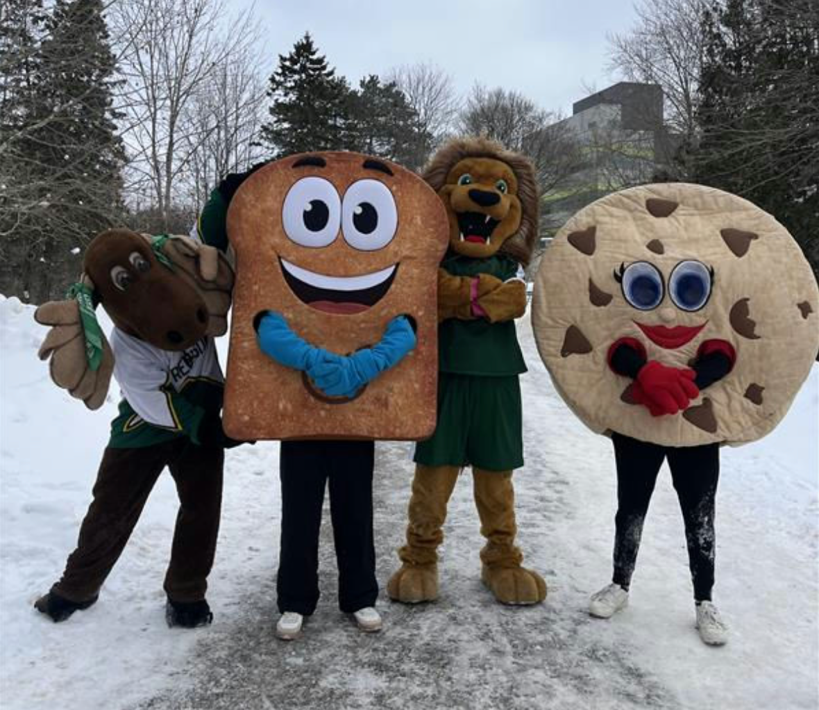 College mascots Renison (Moose), United College (Toast), St. Jerome's (Lion) and Conrad Grebel (Cookie)