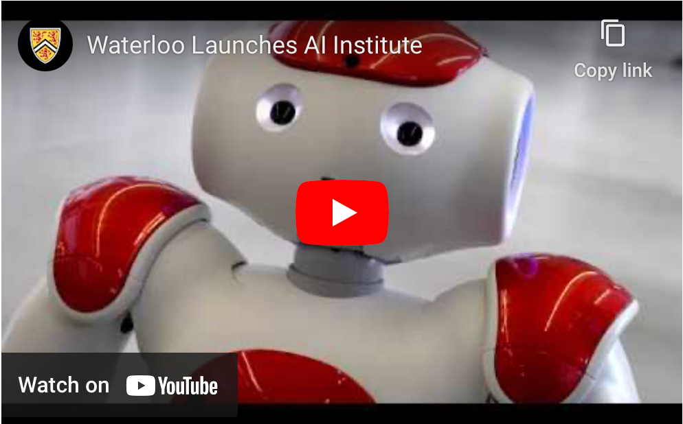 A screenshot of the Waterloo AI Institute launch video featuring a cute robot.