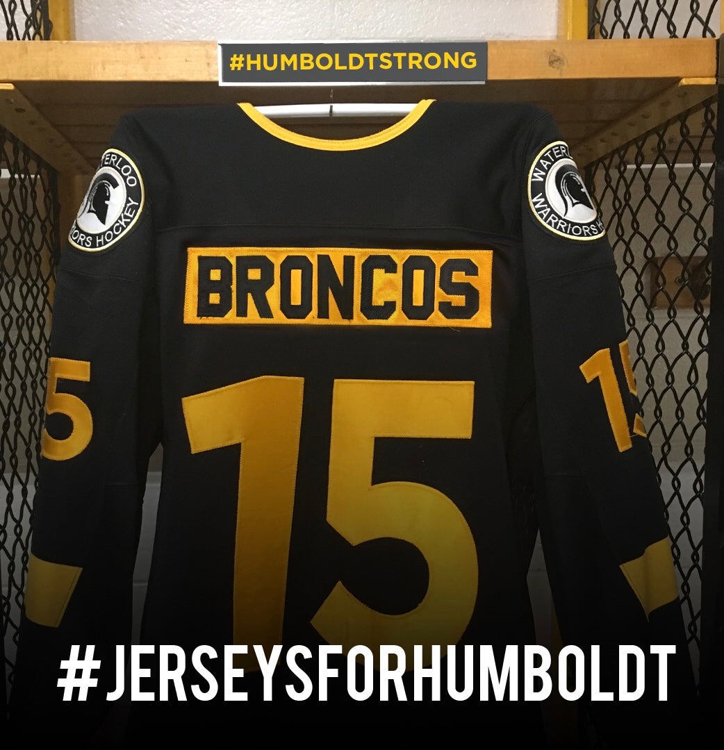 A Waterloo Warriors jersey with the name "Broncos" on it, with the hashtag #jerseysforhumboldt superimposed on it.