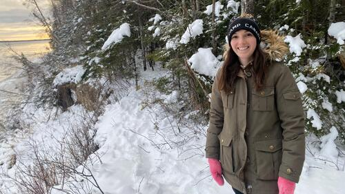 Blair McCullough in cold weather gear on Moose Factory Island