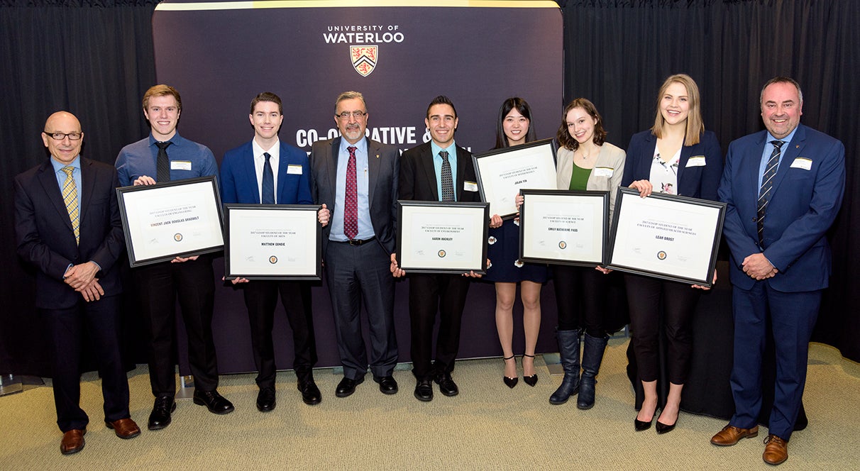 Top Co-op students for 2017 pose with Mario Coniglio, Feridun Hamdullahpur, and Ross Johnston.