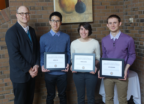 Jeff Casello (AETS Committee Chair) with teaching award recipients Quinlan Lee (Economics), Amanda Garcia (Systems Design Engineering), and Anton Mosunov (Pure Math).