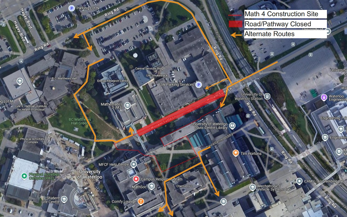 A map of campus showing the William Tutte Way closure in red, with alternate routes traced in yellow.