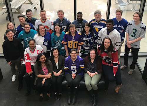 Members of WatPD wear jerseys in East Campus 1.