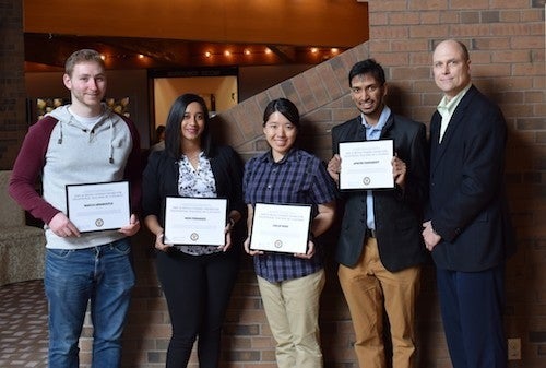 Marcus Abramovitch (Chemistry), Heidi Fernandes (School of Pharmacy), Caelan Wang (Combinatorics and Optimization), Apratim Chakraborty (Mechanical and Mechatronics Engineering) and Jeff Casello (AETS committee chair).