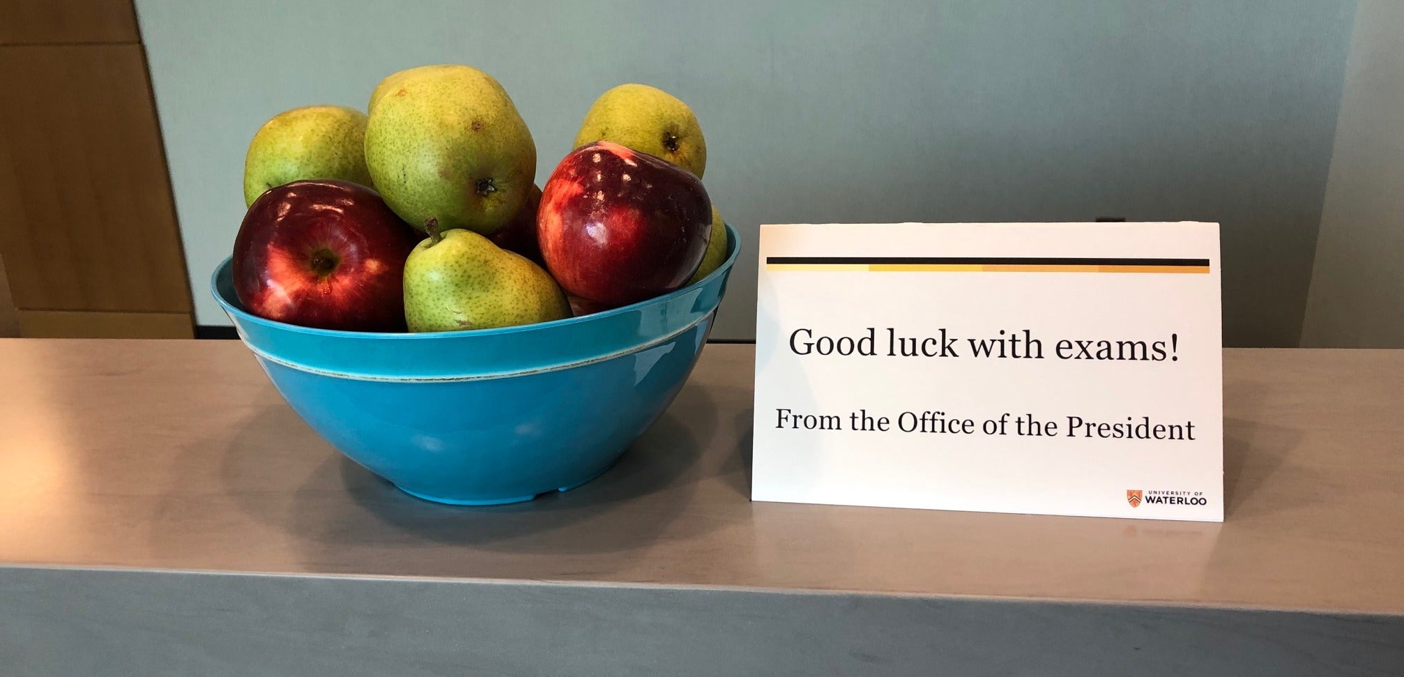 A bowl of fruit with a placard that says "Good Luck on your Exams" from the Office of the President