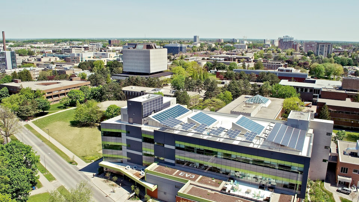 An aerial view of campus with Environment 3 in the foreground.