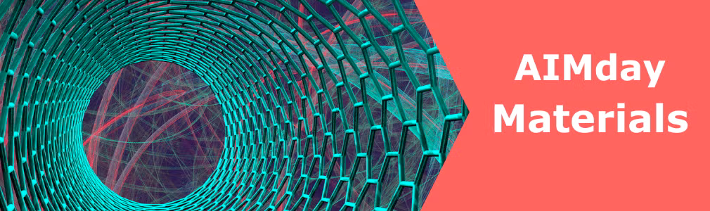 AIMday Materials banner featuring a green-lattice vortex.