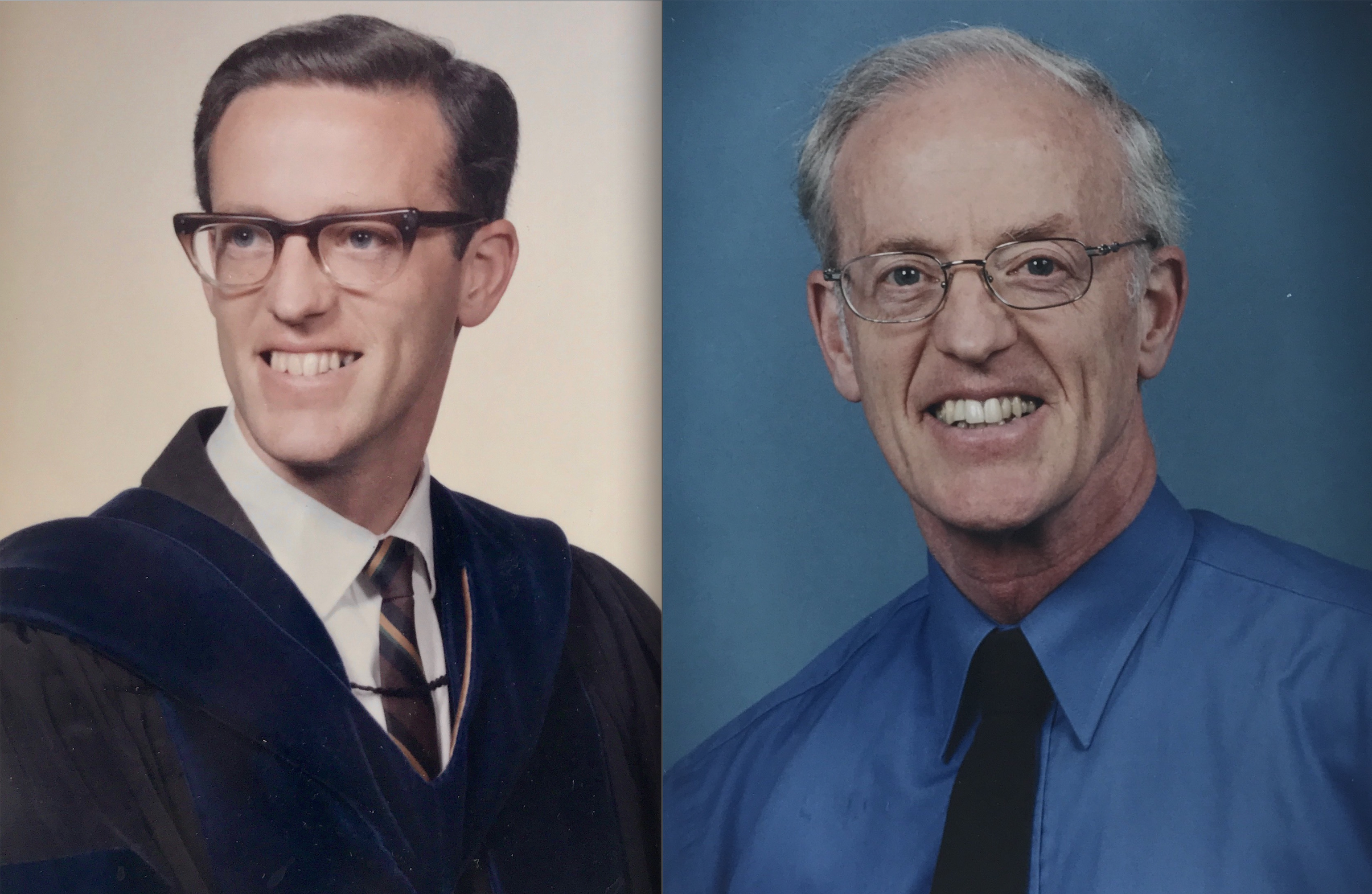 Professor John North pictured in 1968 and in a more recent photo.