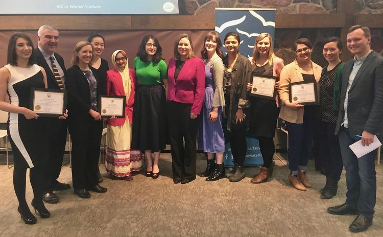 2018 award recipients with Mayor of Waterloo Dave Jaworsky and Catherine Fife, MPP for Kitchener–Waterloo.