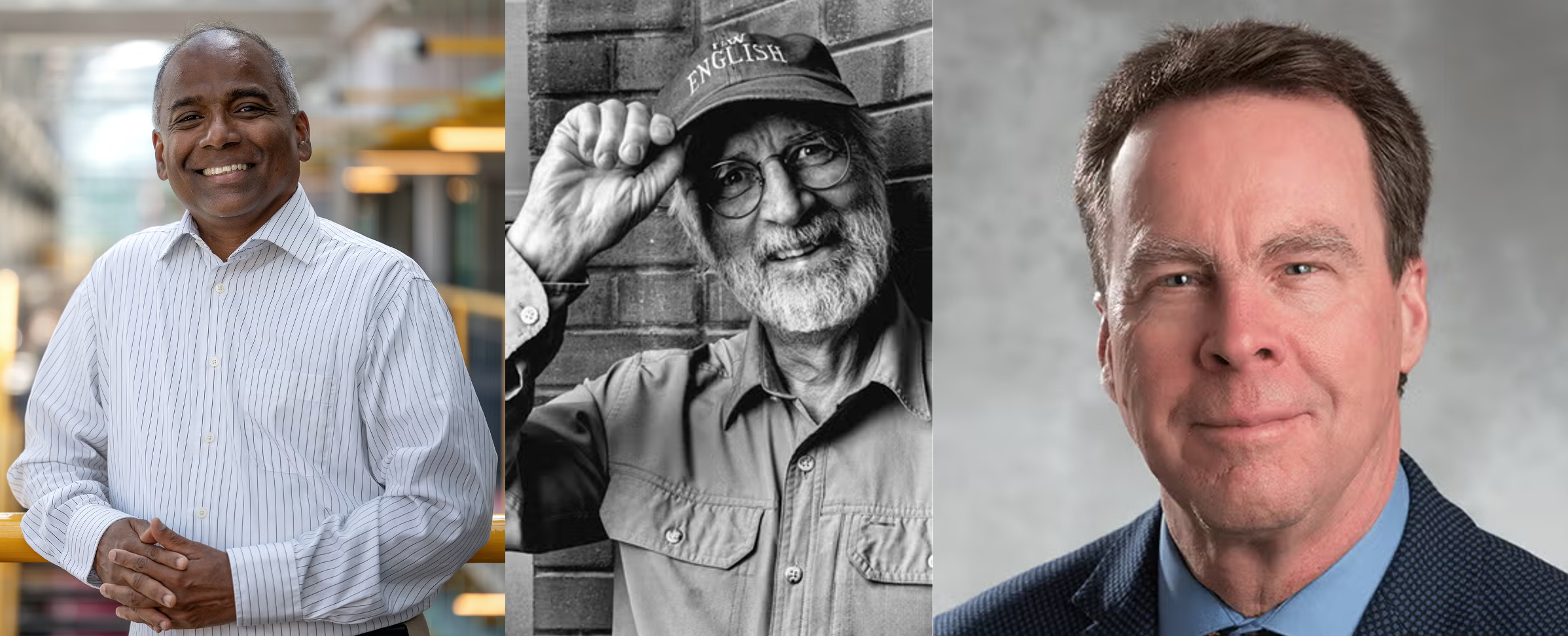 A collage of images of the new University Professors - N. Asokan, Randy Harris, and John McPhee.