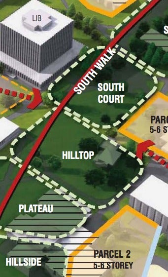 A render showing the hilltop zone in the Campus Master Plan.