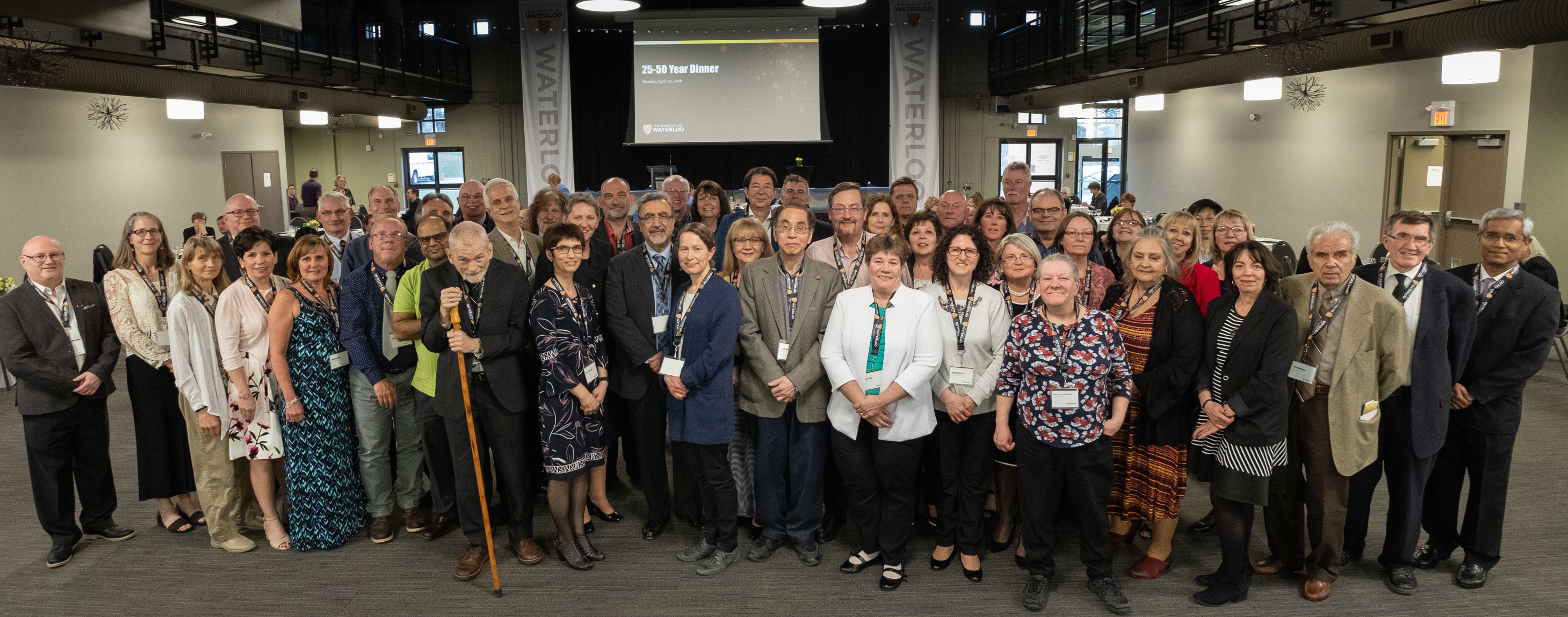 Waterloo employees celebrating employment milestones gather at Fed Hall.