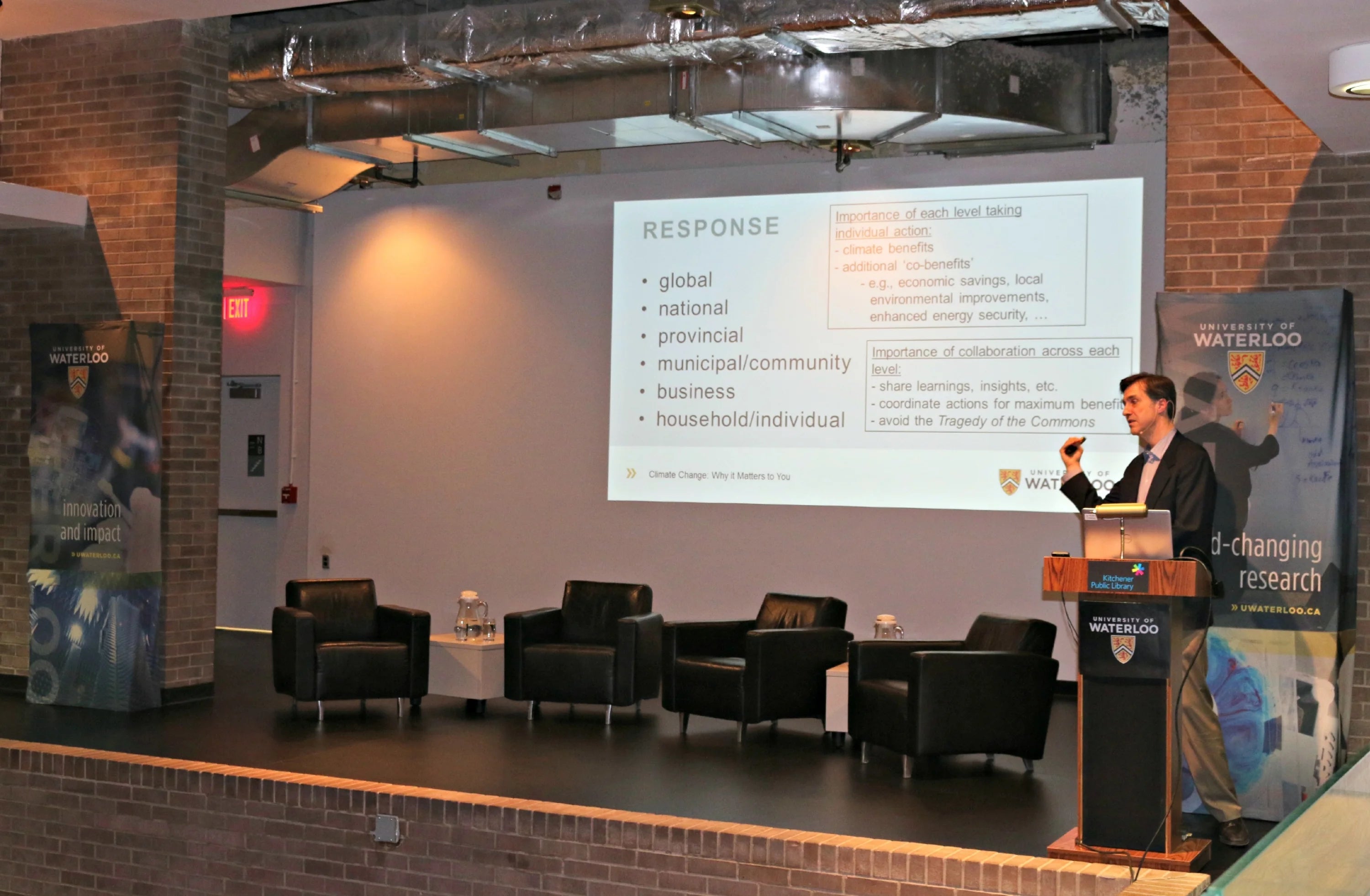 Ian Rowlands delivers a public lecture at the Kitchener Public Library.