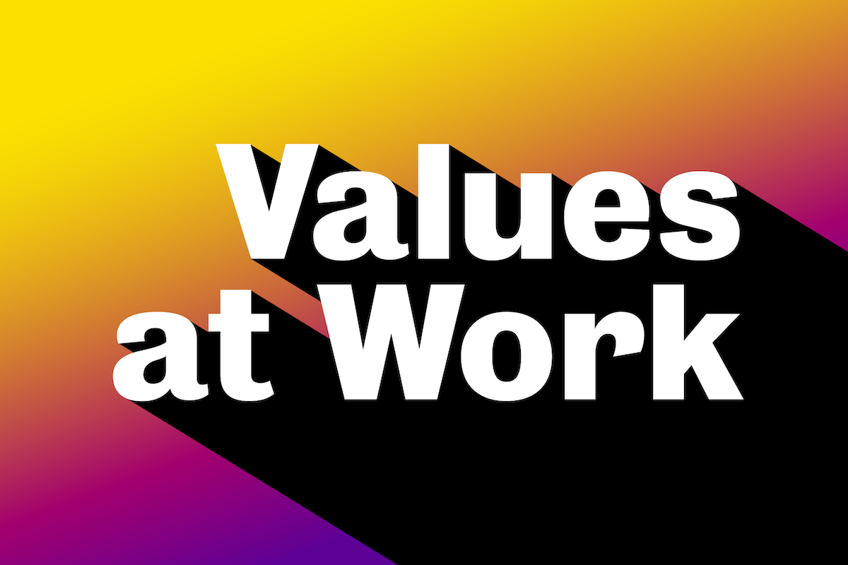 "Values at Work" in white letters against a colour-gradient background.