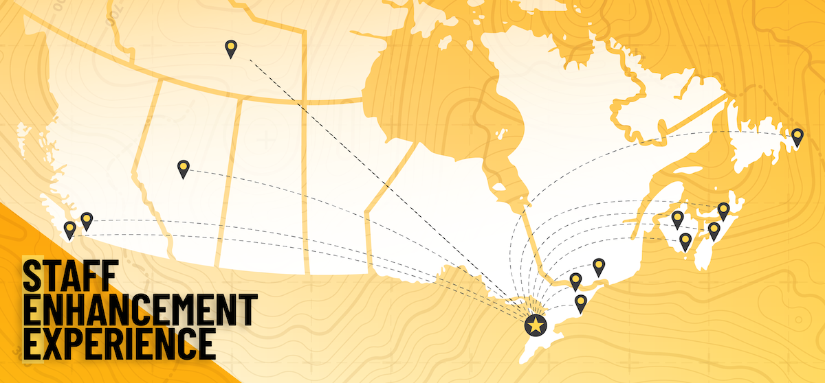 Stylized Canada map with multiple location pins connected by dashed lines.
