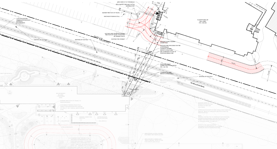 An architectural drawing showing where the pedestrian bridge linking two university buildings will be built