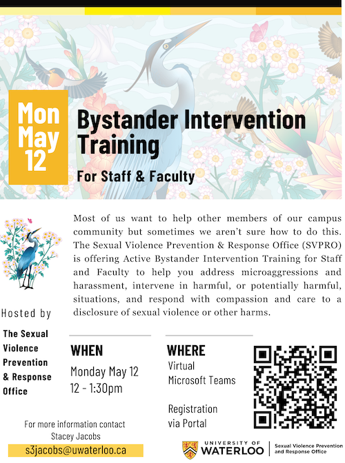 Bystander Intervention Training poster featuring a blue heron and a QR code.