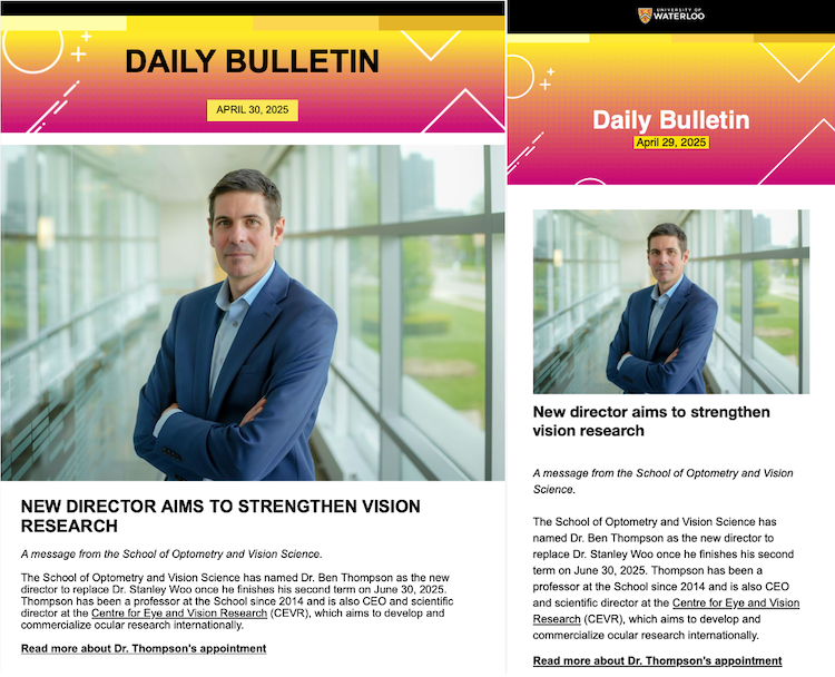 A side-by-side comparison of the Upaknee and Mailchimp versions of the e-newsletter.