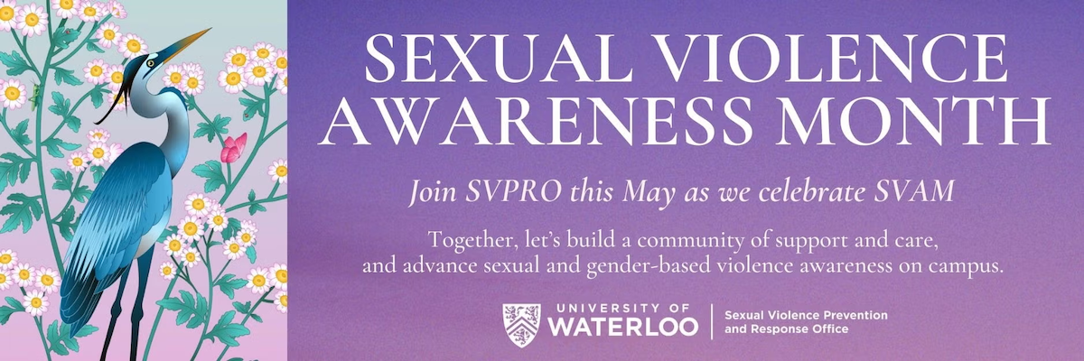 Sexual Violence Awareness Month banner featuring a blue heron.