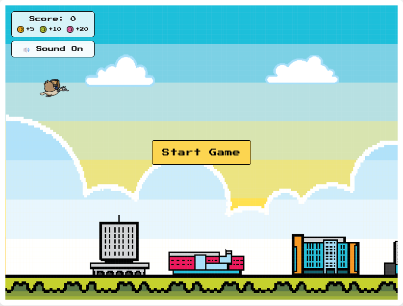 A video game in the style of Flappy Bird with a Canada Goose flying above Waterloo campus buildings.