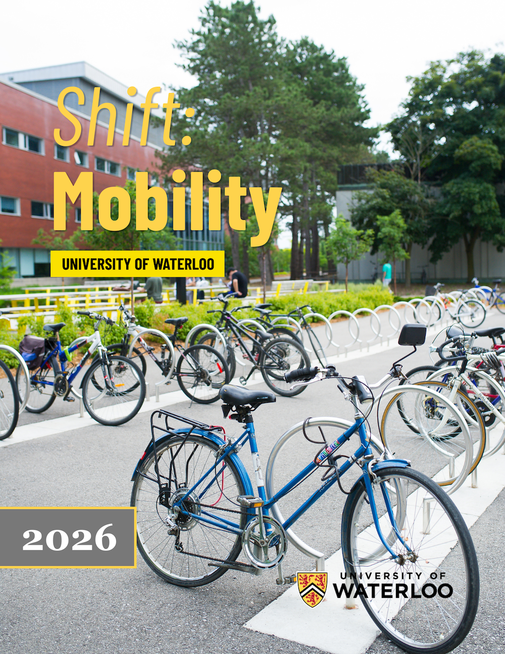 Front cover of the sustainable transportation plan showing bicycles parked along a campus street; text reads "Shift: Mobility, University of Waterloo, 2026."