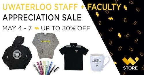 Staff and Faculty appreciation sale banner featuring clothing.