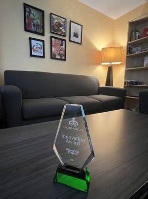 The Innovation Award trophy sitting on a coffee table.