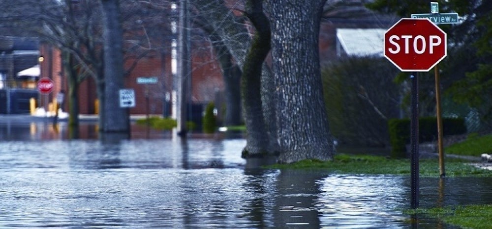 A flooded city street with a prominent STOP sign.