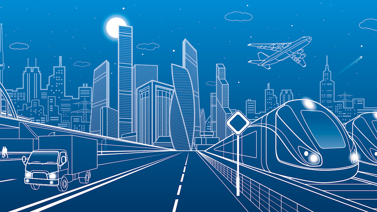 A line-art illustration of various modes of transportation in a futuristic urban environment.