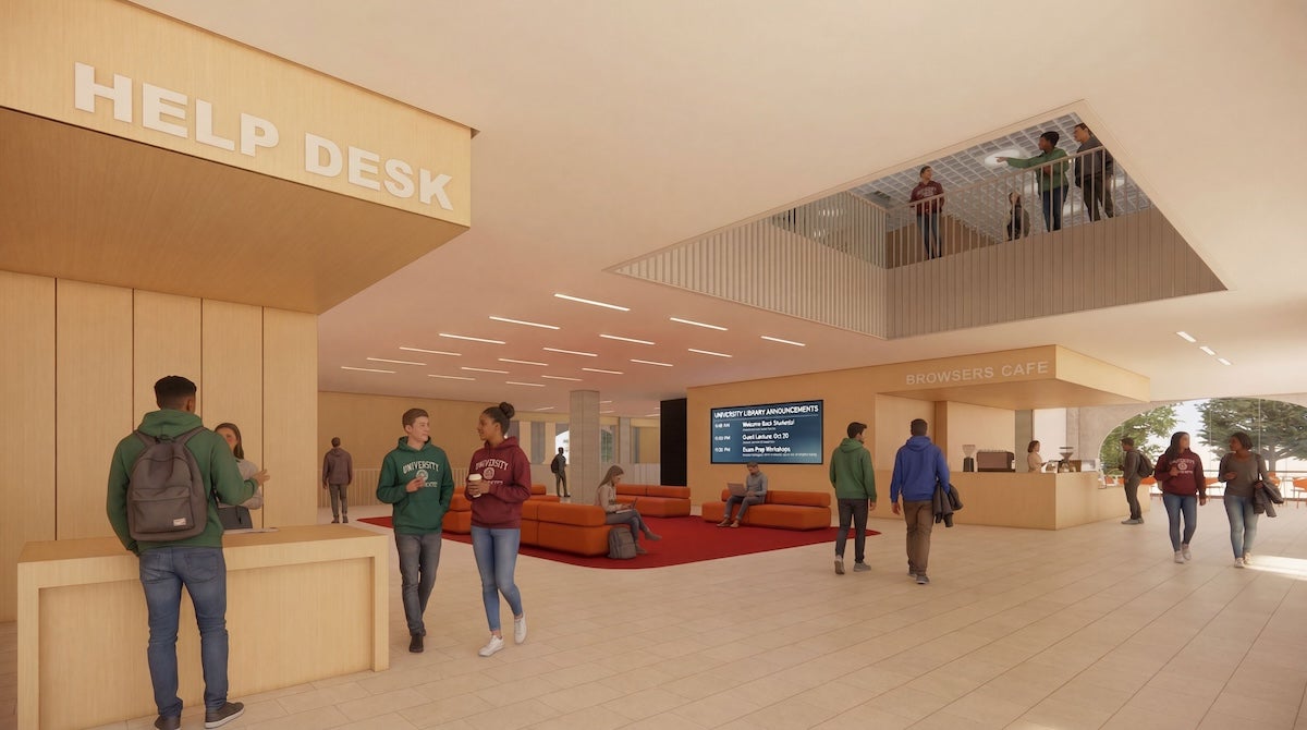 A rendering of Dana Porter's spacious lobby with a Help Desk counter on the left, several people walking around, a red carpet leading to seating, and an upper-level balcony with more people.