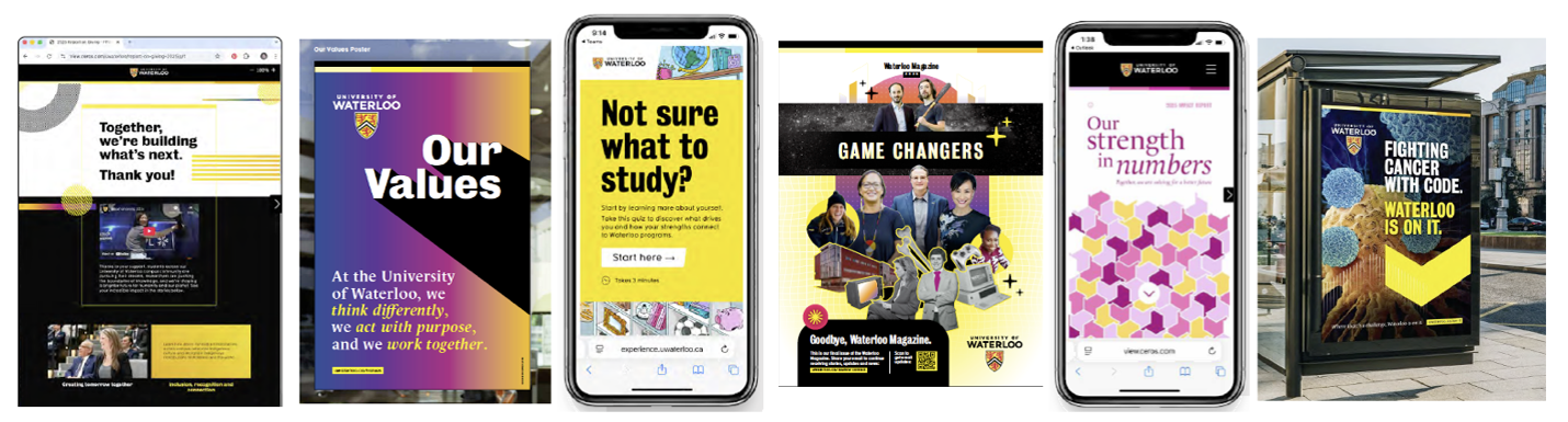 A collage of communications collateral including magazine covers and images on phone screens.