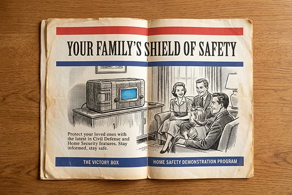 An open instruction manual with the phrase "Your family's shield of safety" with 1950s-style illustrations of a family watching TV.